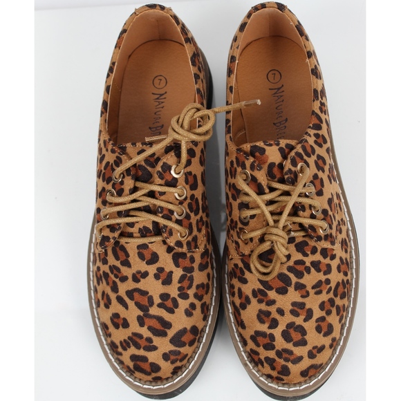 Tan Leopard Lace Up Oxford Loafer Shoes - Picture 4 of 6